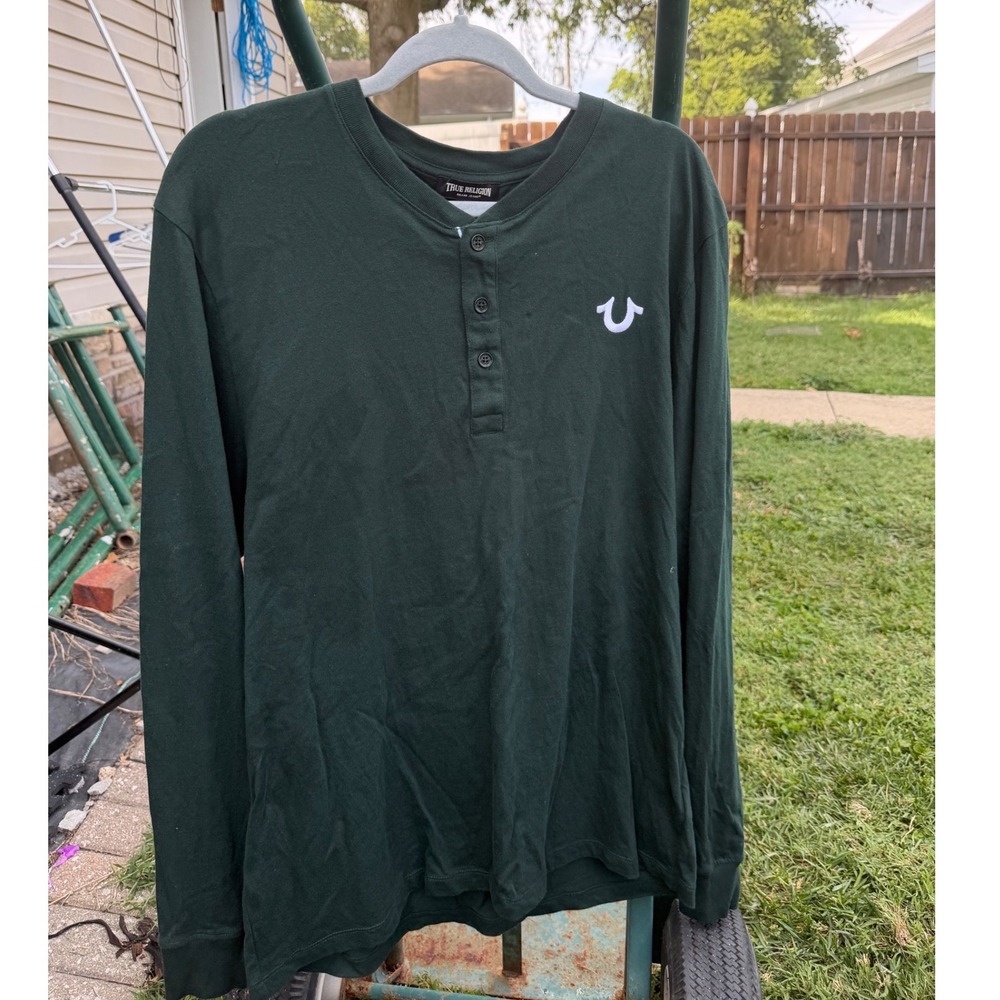 True Religion Mens Long Sleeve Henley Shirt Green Horseshoe Logo XL 50554-00